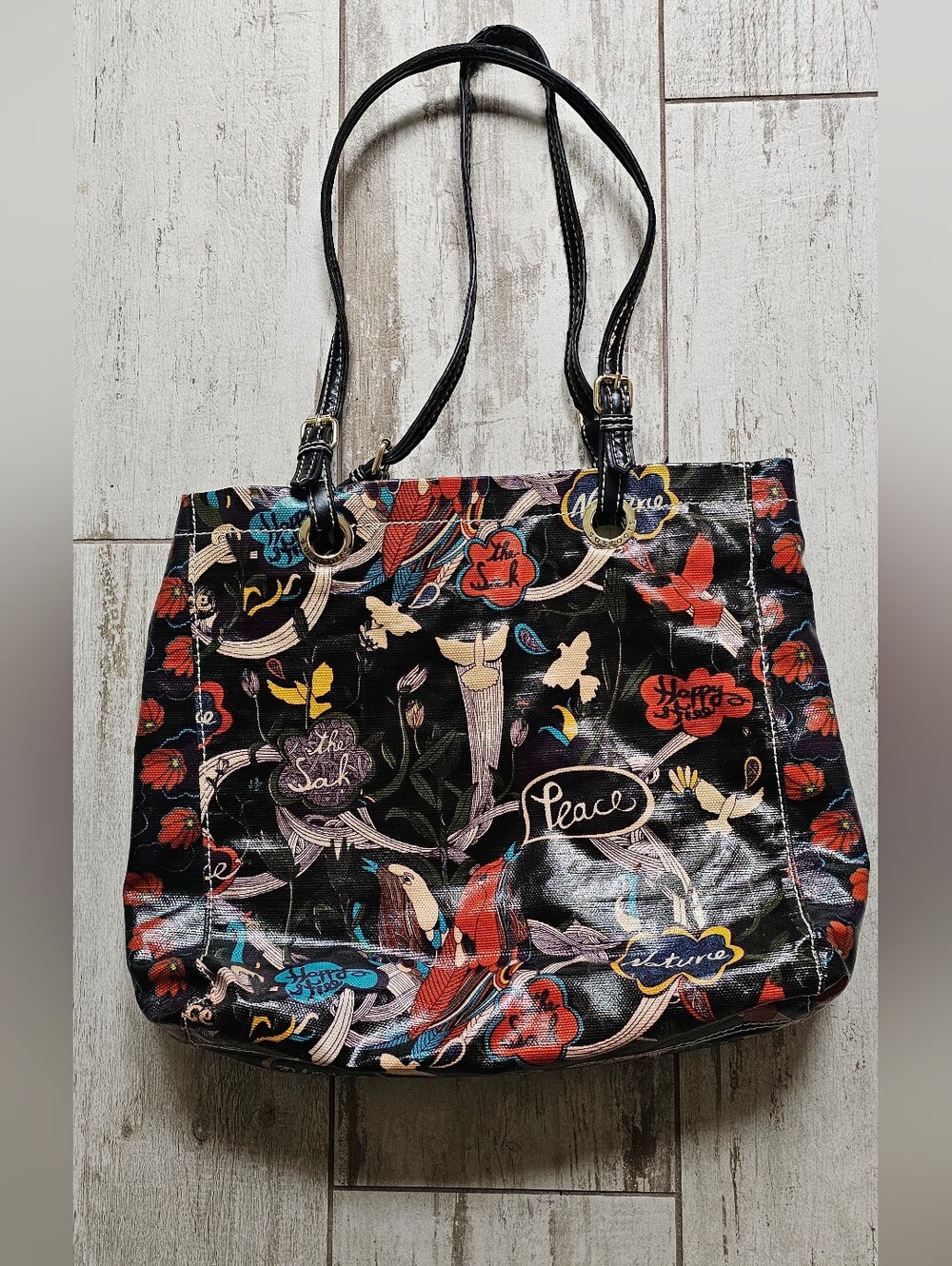 Sakroots Peace Love Black Floral Graphic Large Tote Bag